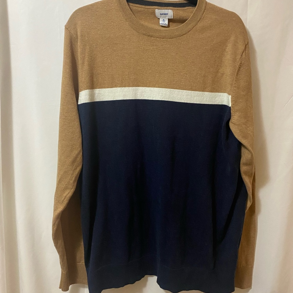 Old Navy Men's Colorblock Crewneck Sweater in Tan, Navy & White